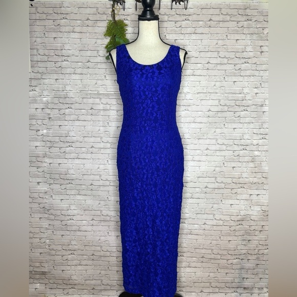 Vintage Cobalt Blue Lace Bodycon Maxi Evening Dress - Picture 1 of 6
